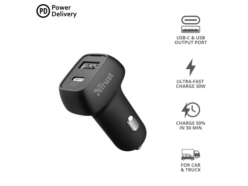 Зарядно устройство TRUST Qmax USB C+A Car Charger PD 30W 2834_1.jpg