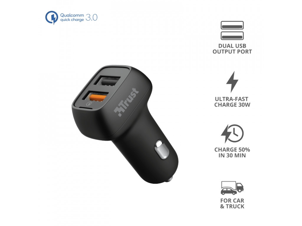 Зарядно устройство TRUST Qmax USB A+A Car Charger QC3 30W 2835_1.jpg